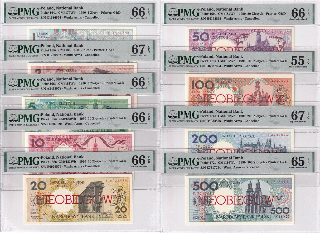 Poland Set 9 1-500 Zlotych 1990 P 164a-172 Cancelled Gem UNC PMG 55 65 66 67 EPQ