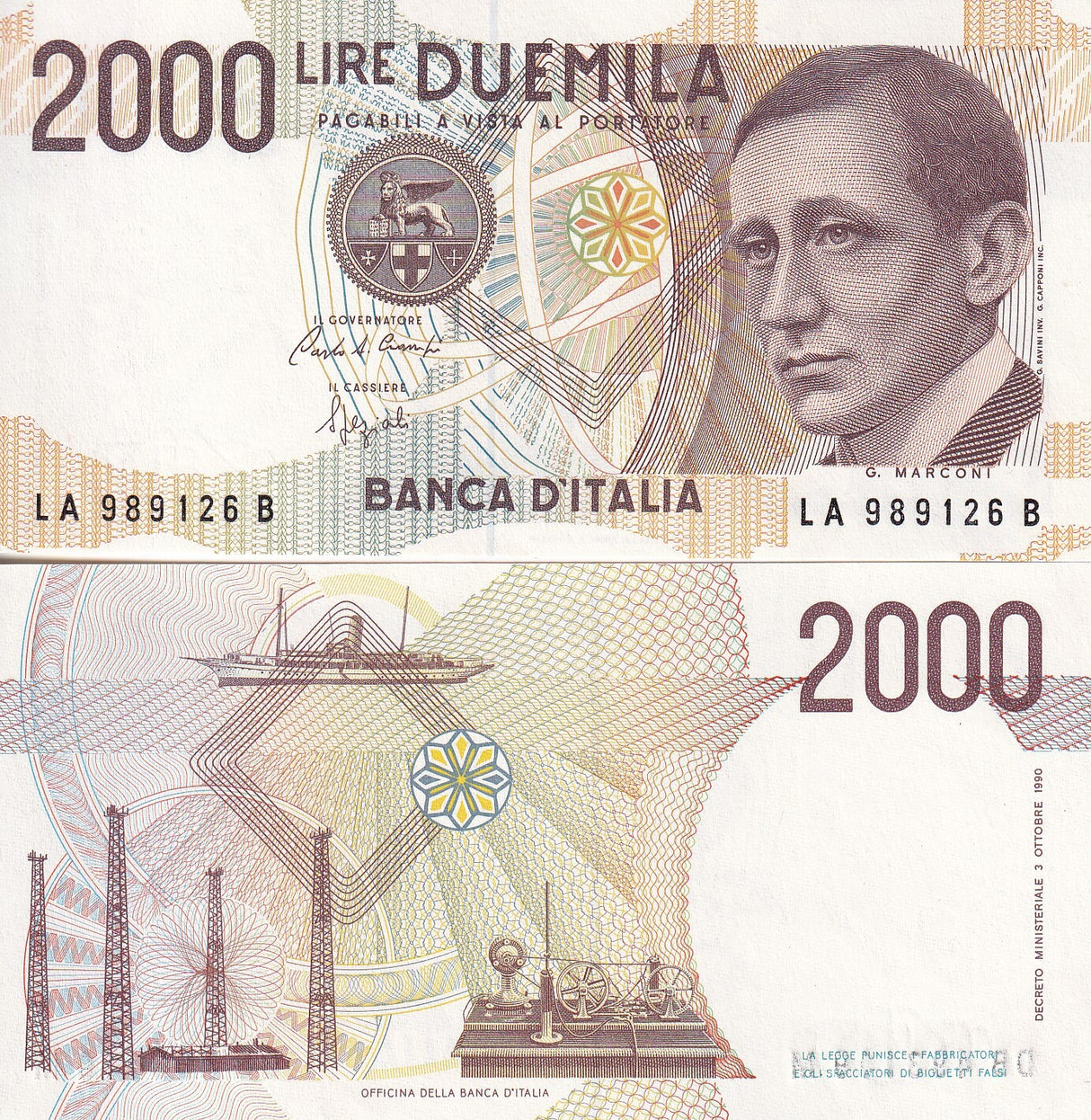 Italy 2000 Lire 1990 P 115 UNC