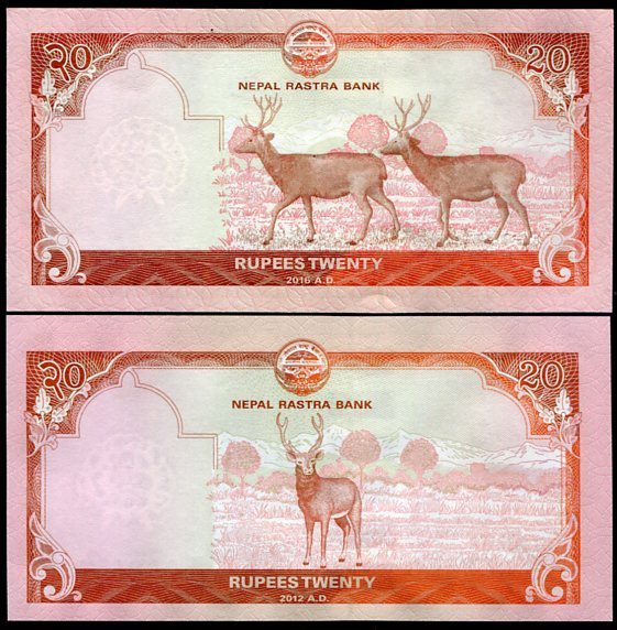 Nepal Set 2 UNC 20 Rupees 2012 - 2016 P 71 781 DEAR vs. 2 DEARS RANDOM SIGNS