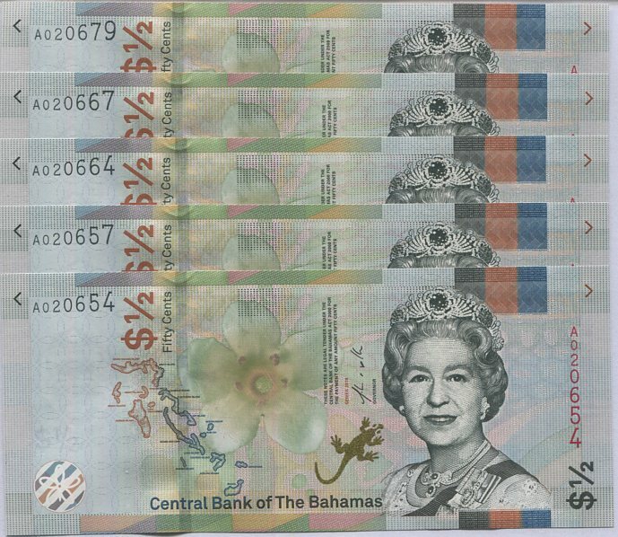 Bahamas 1/2 Dollar 2019 P 76Aa UNC LOT 5 PCS