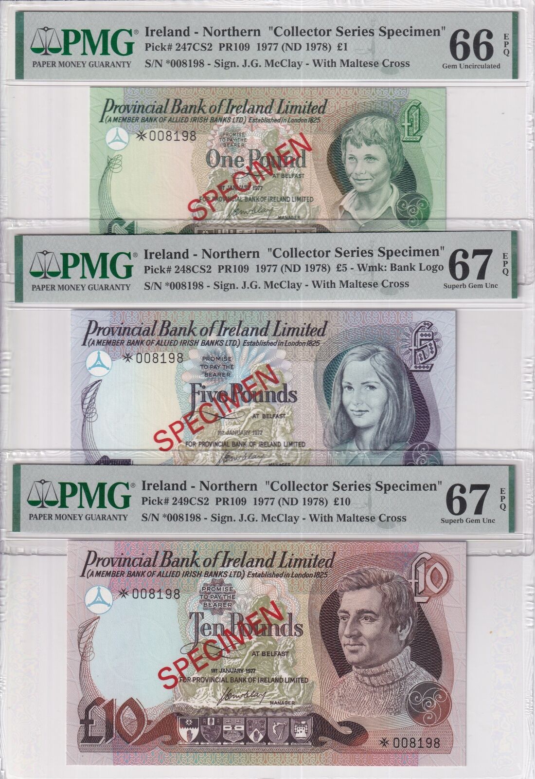 Northern Ireland Set 3; 1 5 10 Pounds 1977 SPECIMEN Superb Gem UNC PMG 66 67 EPQ