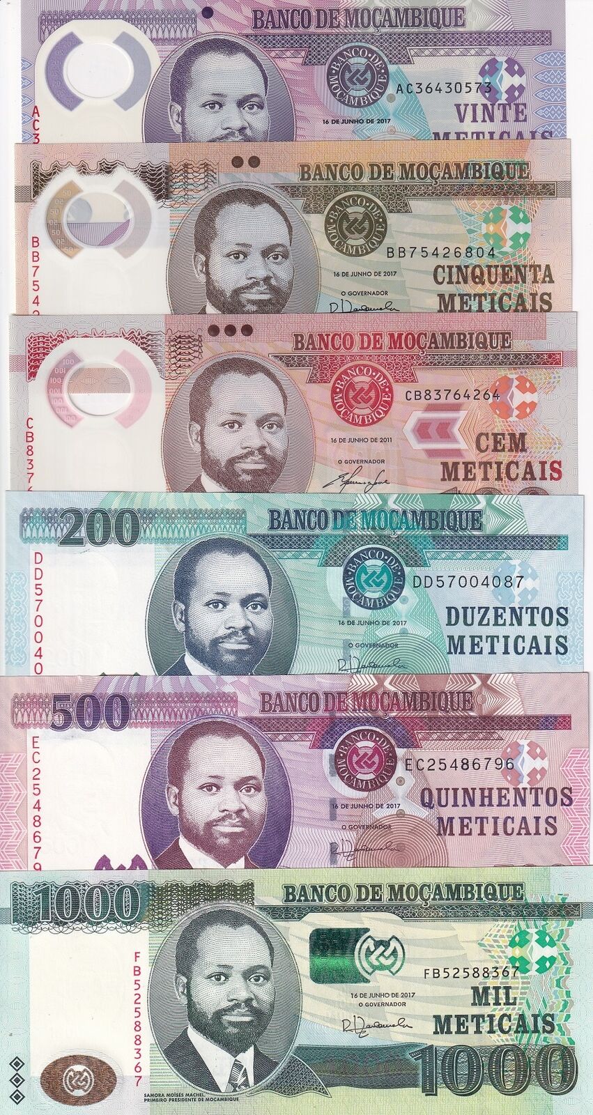 Mozambique Set 6 UNC 20 50 100 200-1000 Meticais 2011-2017 P 149 150 154 Polymer
