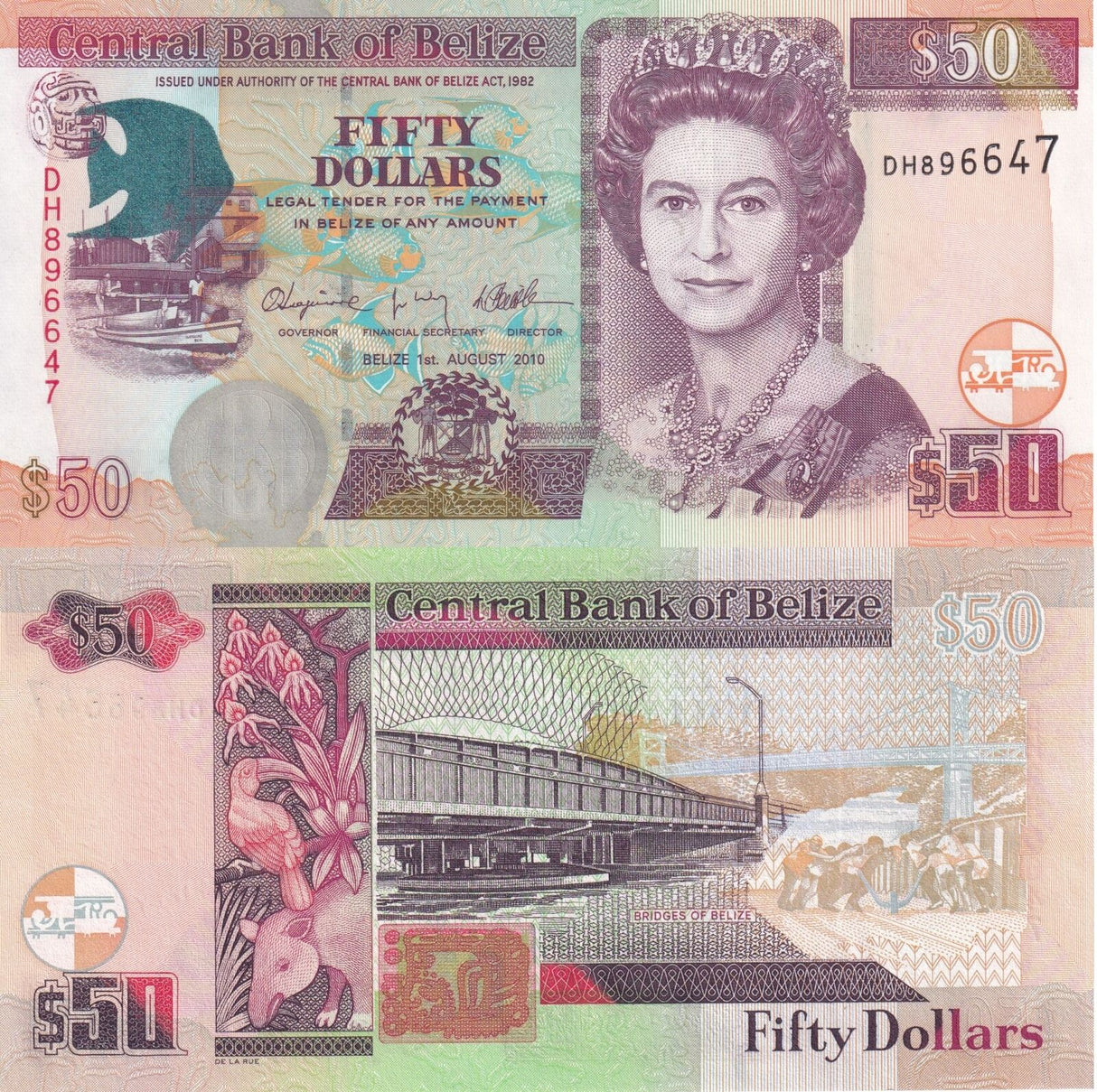 Belize 50 Dollars 2010 P 70d QEII De la Rue UNC