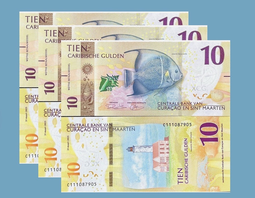 Curacao & Sint Maarten 10 Gulden 2025 P 1 NEW Anglefish UNC Lot 3 pcs