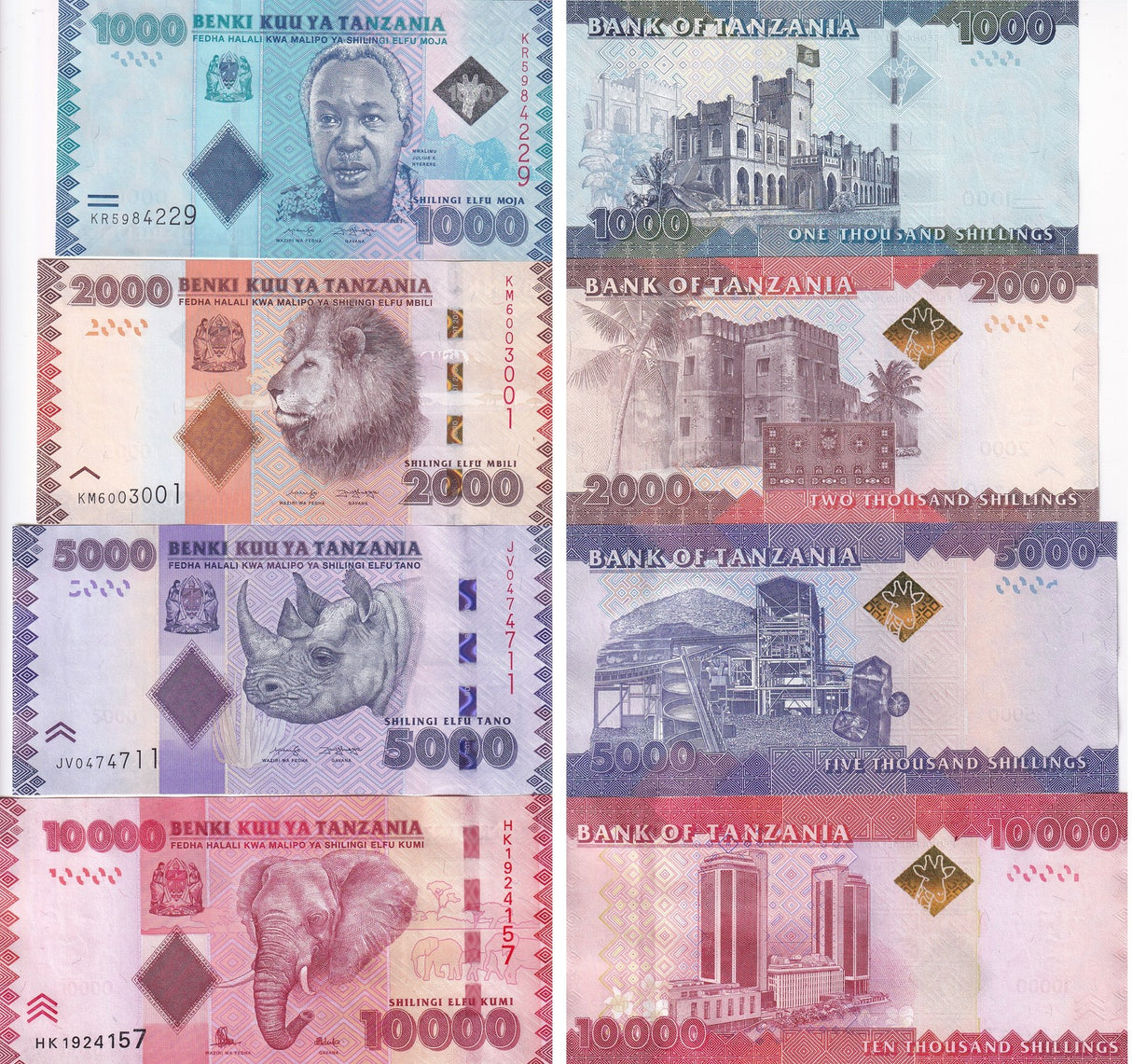 Tanzania set 4 UNC 1000 2000 5000 10000 Shillings ND 2015 2020 P 41 42 43 44