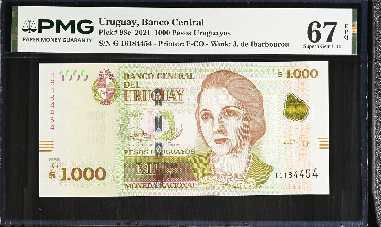 Uruguay 1000 Pesos 2021 P 98 c Superb Gem UNC PMG 67 EPQ