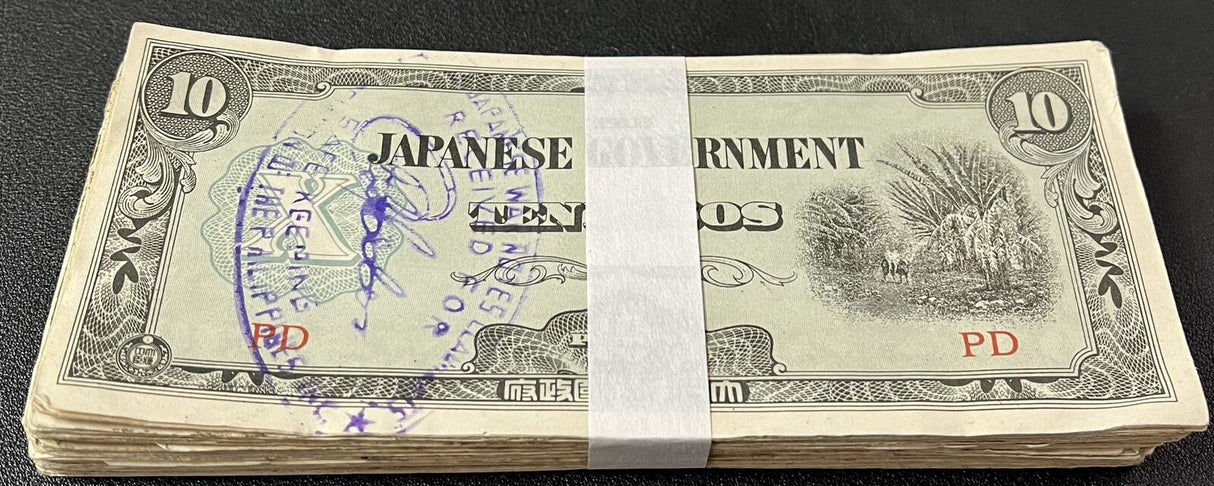 Philippines 10 PESOS 1942 WWII Japanese Occupation P 108 HEAVY USED LOT 100 PCS