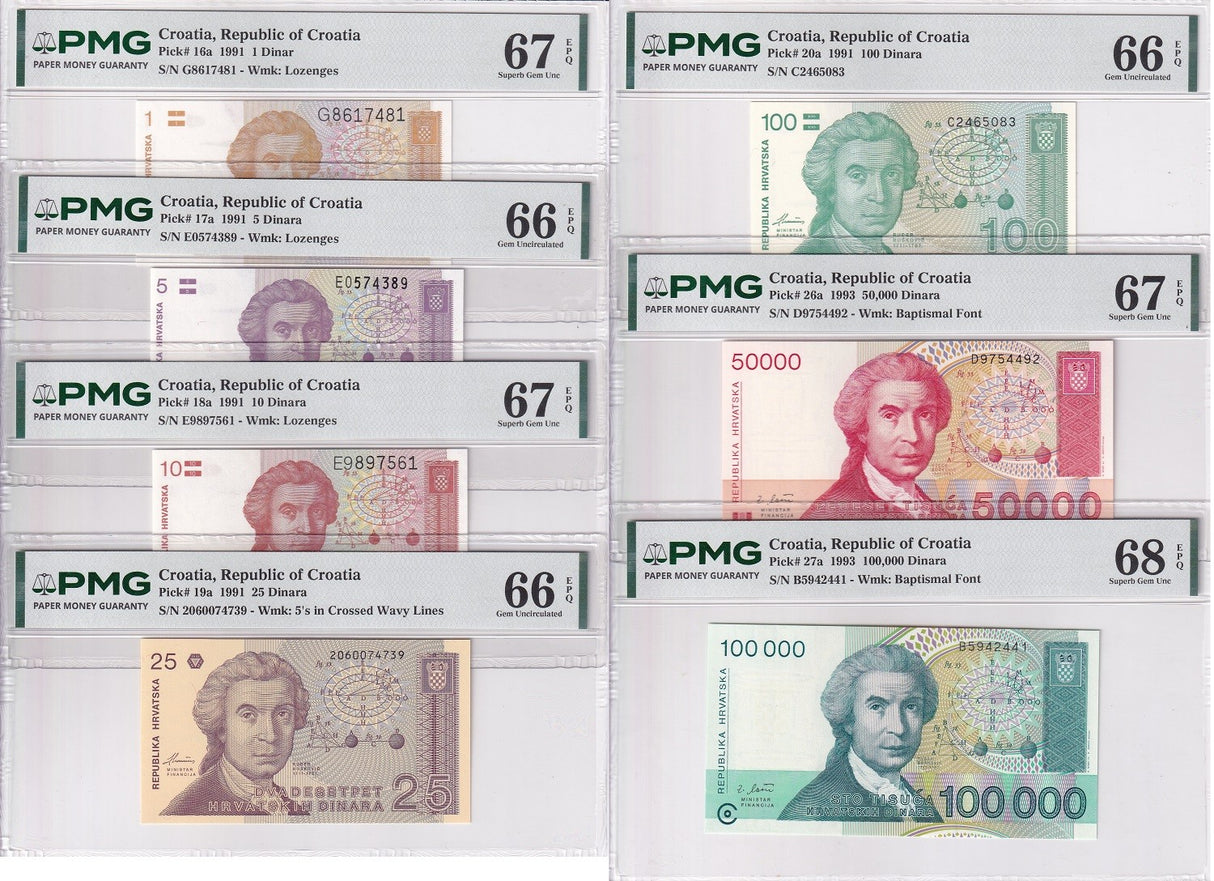Croatia Set 7; 1 5 10 25 100 50k 100k Dinara 1991 P 27 Gem UNC PMG 66 67 68 EPQ