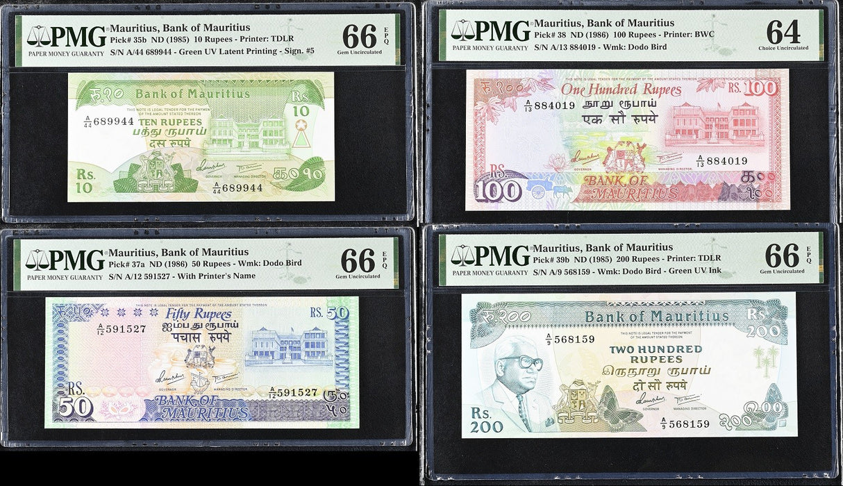 Mauritius SET 4 10 50 100 200 Rupees ND 1985 P 35 37 38 39 Gem UNC PMG 66 EPQ 64