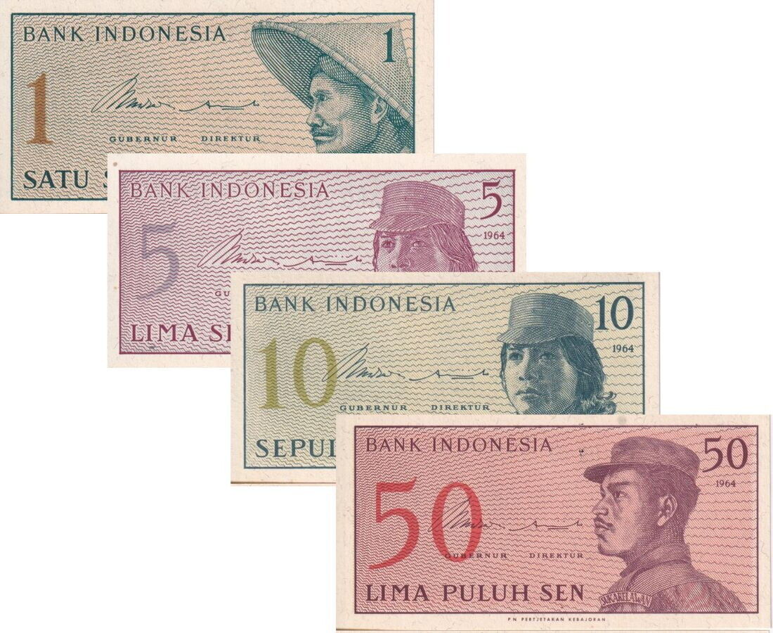 Indonesia Set 4 Pcs 1 5 10 50 Sen 1964 P 90 91 92 94 UNC