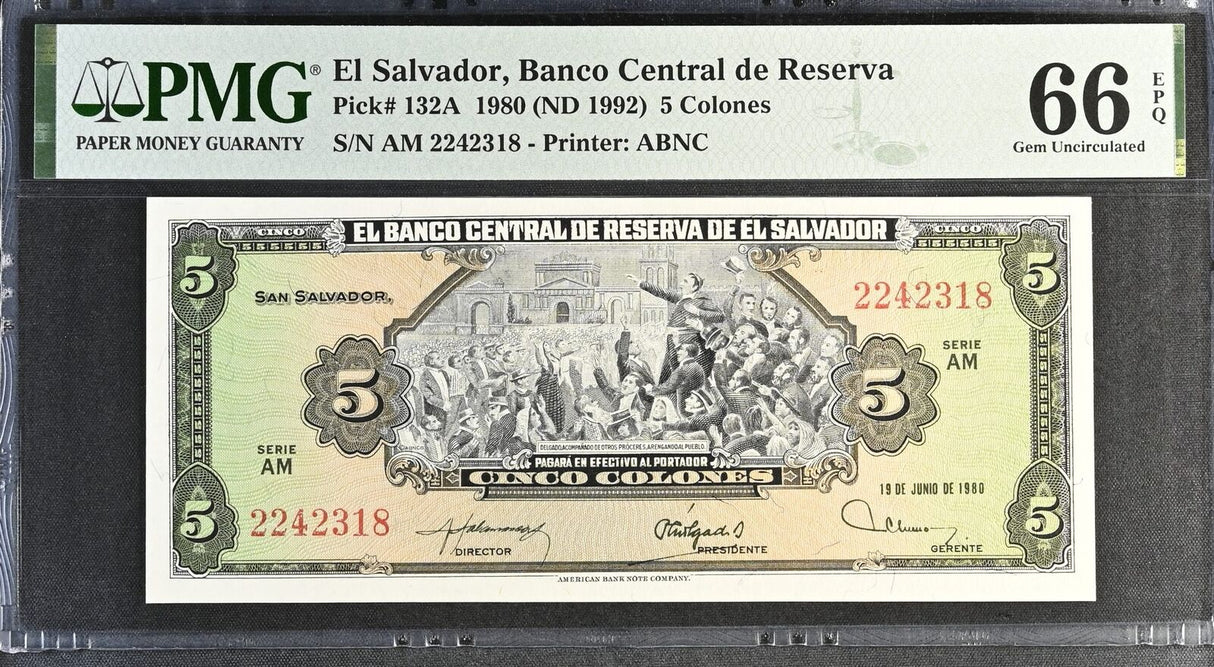 El Salvador 5 Colones 1980 ND 1992 P 132A Gem UNC PMG 66 EPQ