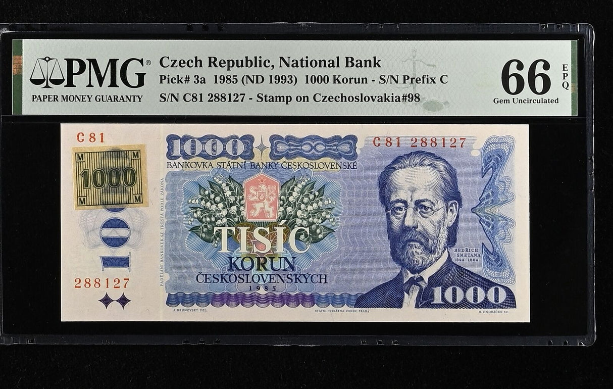 Czech Republic 1000 Korun 1985 ND 1993 Prefix C P 3 a Gem UNC PMG 66 EPQ