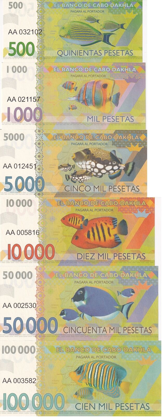 Cabo Dakhla Set 6 500 1000 5000 -100000 Pesetas 2017 Clownfish Fantasy