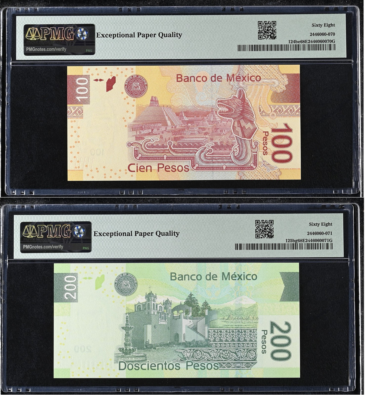 Mexico Set 2; 100 200 Pesos 2015 2017 P 124 P 125 Superb Gem UNC PMG 68 EPQ
