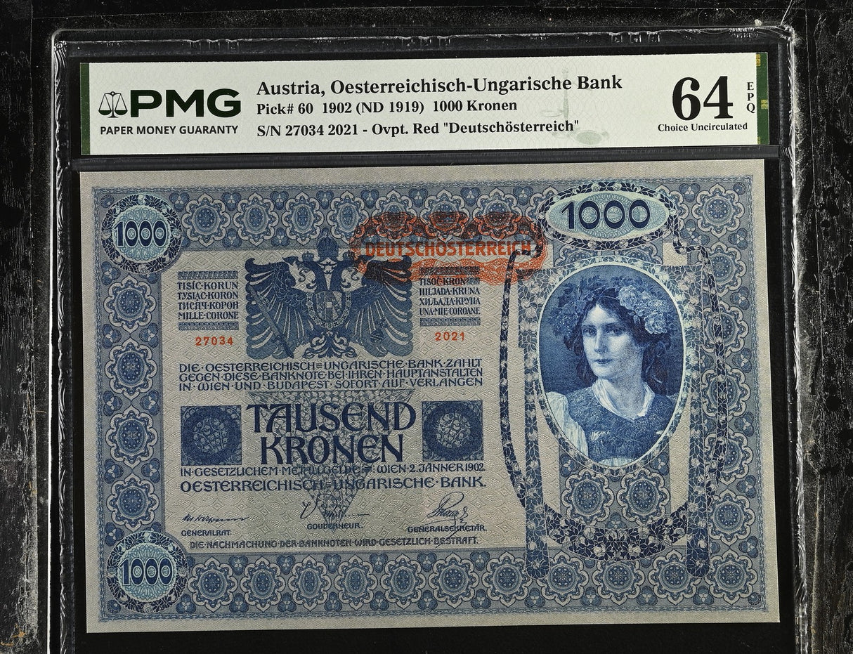 Austria 1000 Kronen 1902 ND 1919 P 60 Choice UNC PMG 64 EPQ