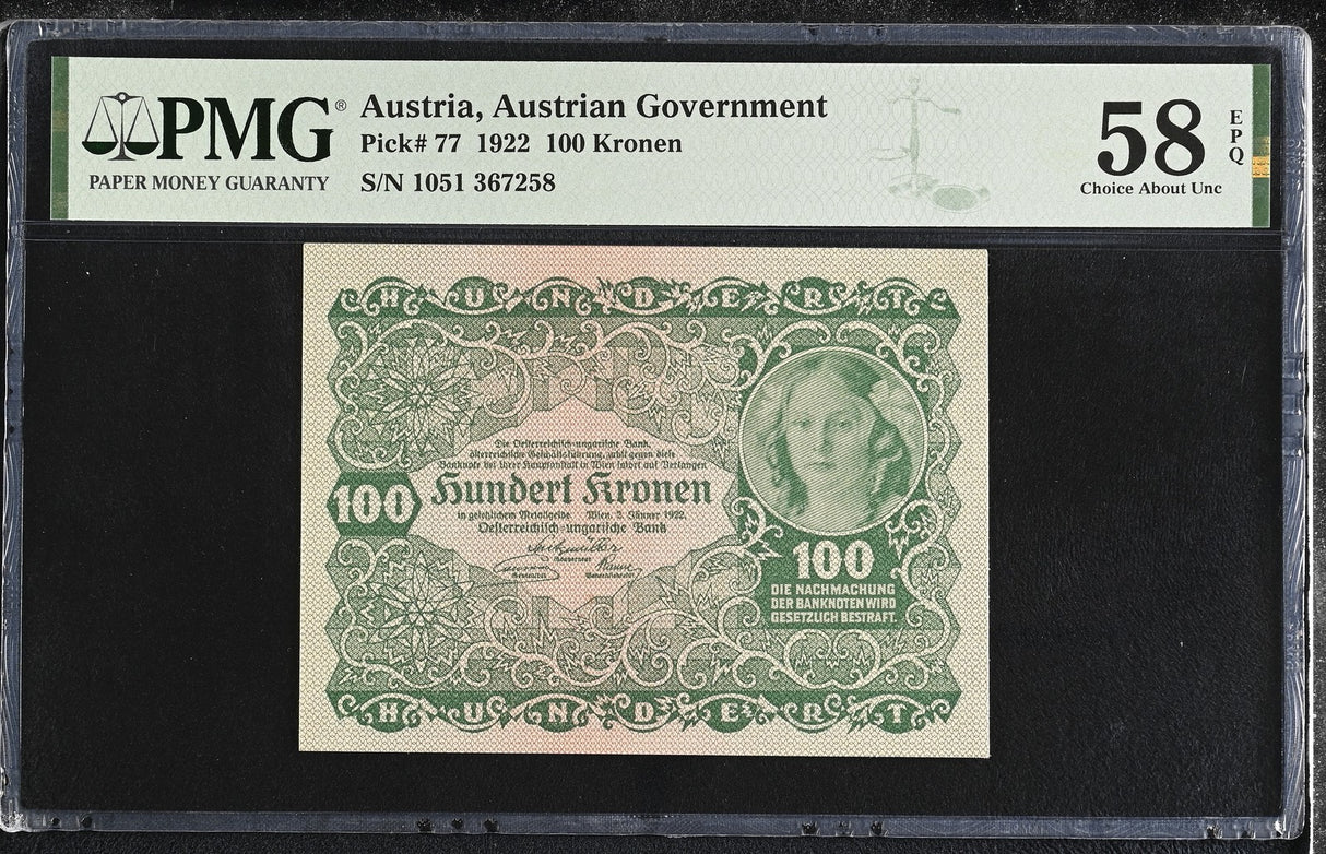 Austria 100 Kronen 1922 P 77 Choice About UNC PMG 58 EPQ