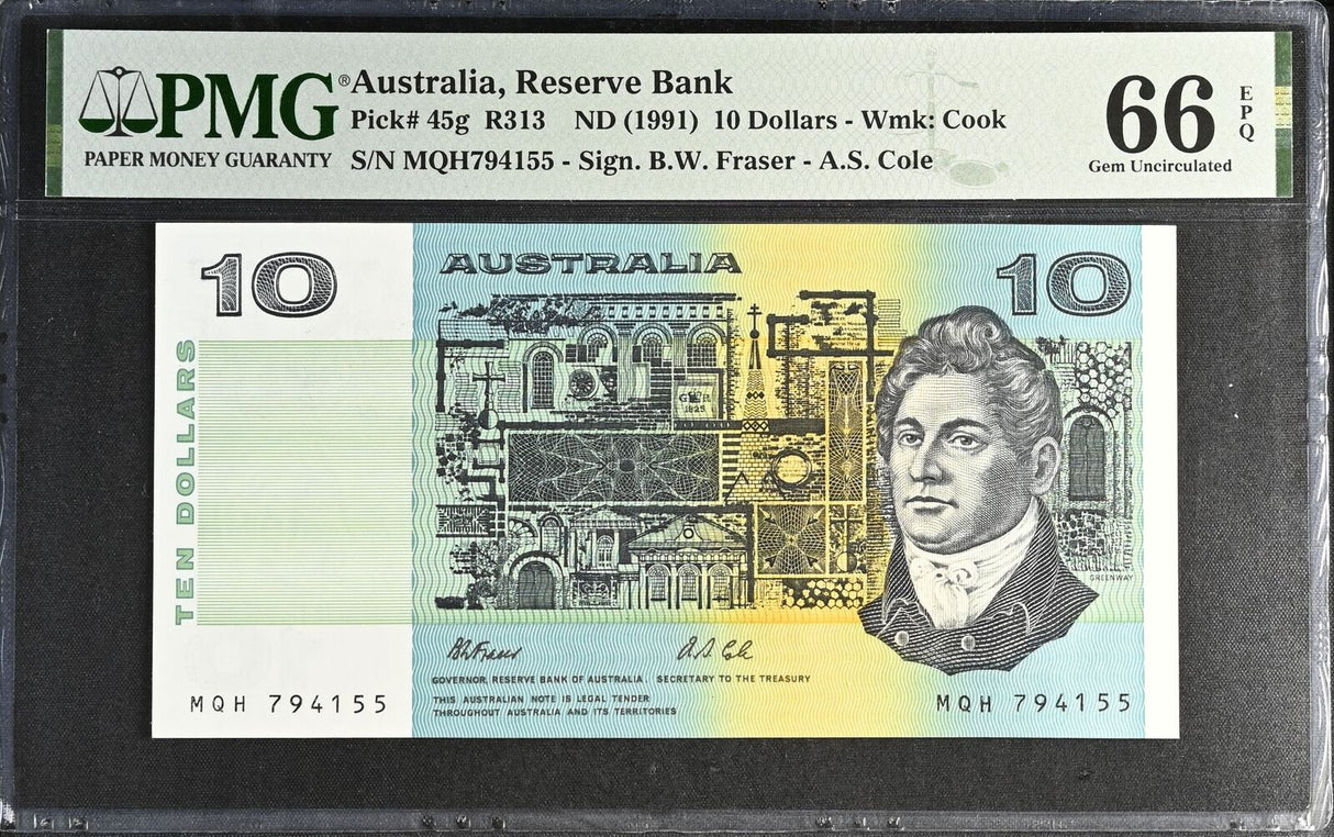 Australia 10 Dollars ND 1991 P 45 g Gem UNC PMG 66 EPQ