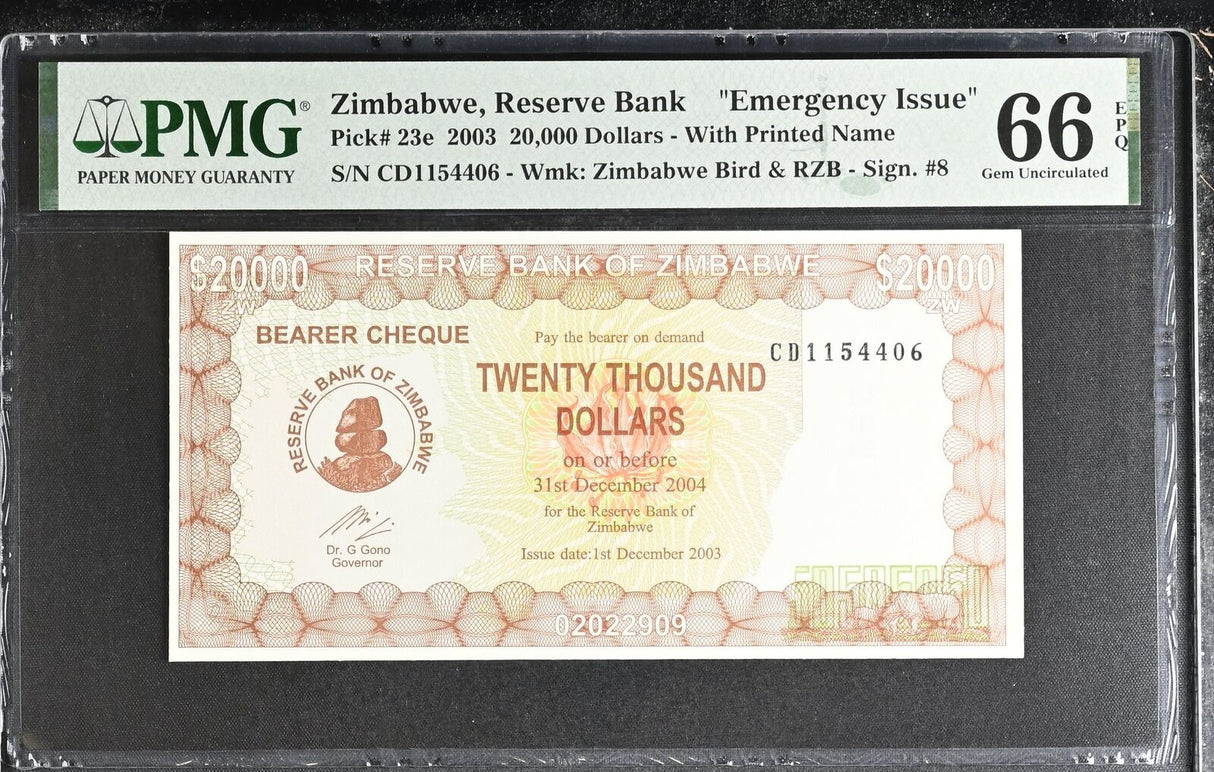 Zimbabwe 20000 Dollars 2003 P 23 e Gem UNC PMG 66 EPQ