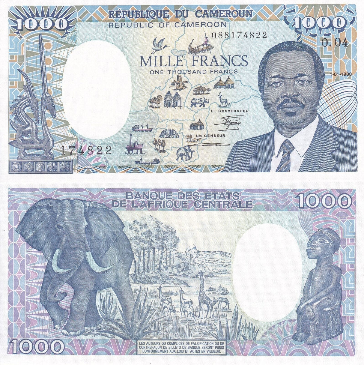 Cameroun 1000 Francs 1988 P 26 a UNC