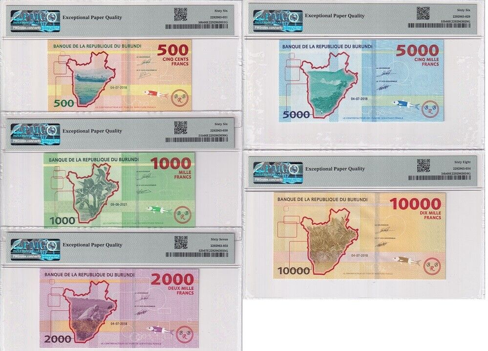 Burundi Set 5; 500 1000 200-10K Francs 2018-21 P 54 b Superb UNC PMG 66-68 EPQ