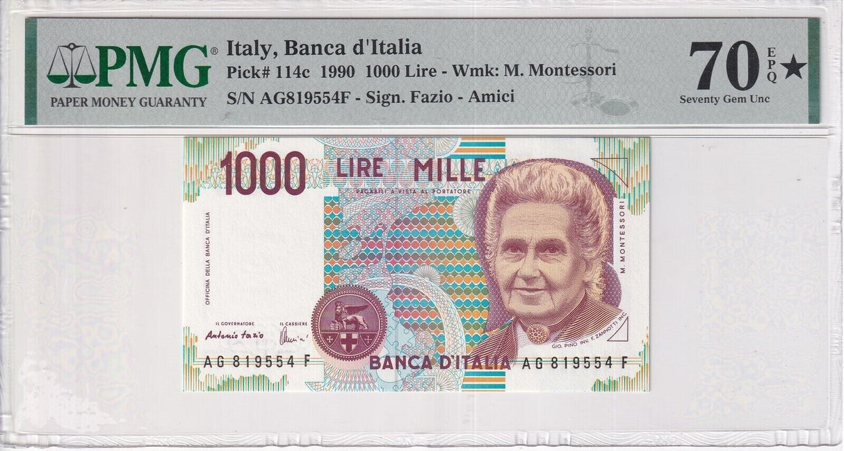 Italy 1000 Lire 1990 P 114 c Superb Gem UNC PMG 70 EPQ Extra Star TOP