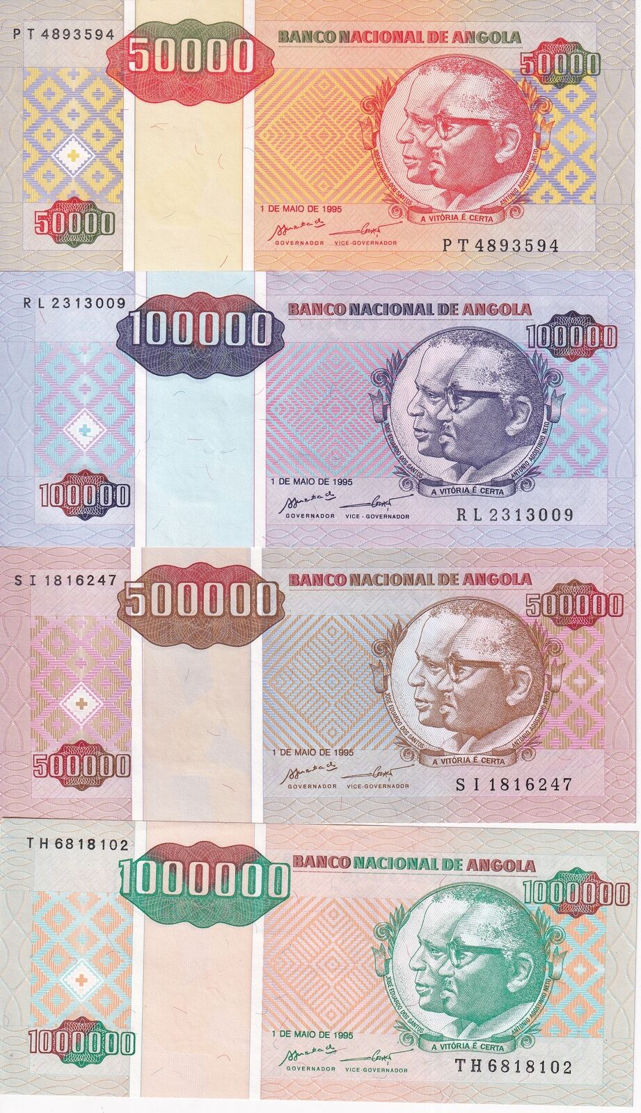 Angola Set 4, 50000 100000 500000 1000000 Kwanzas 1995 P 138 139 140 141 AUnc