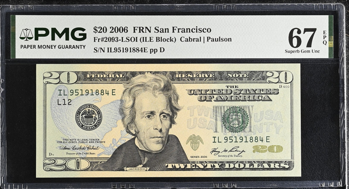United States 20 Dollars USA 2006 P 526 San Francisco Superb Gem UNC PMG 67 EPQ