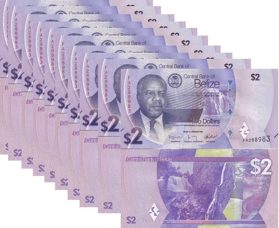 Belize 2 Dollars 2025 P 73 NEW Design Waterfalls LOT 10 Pcs UNC