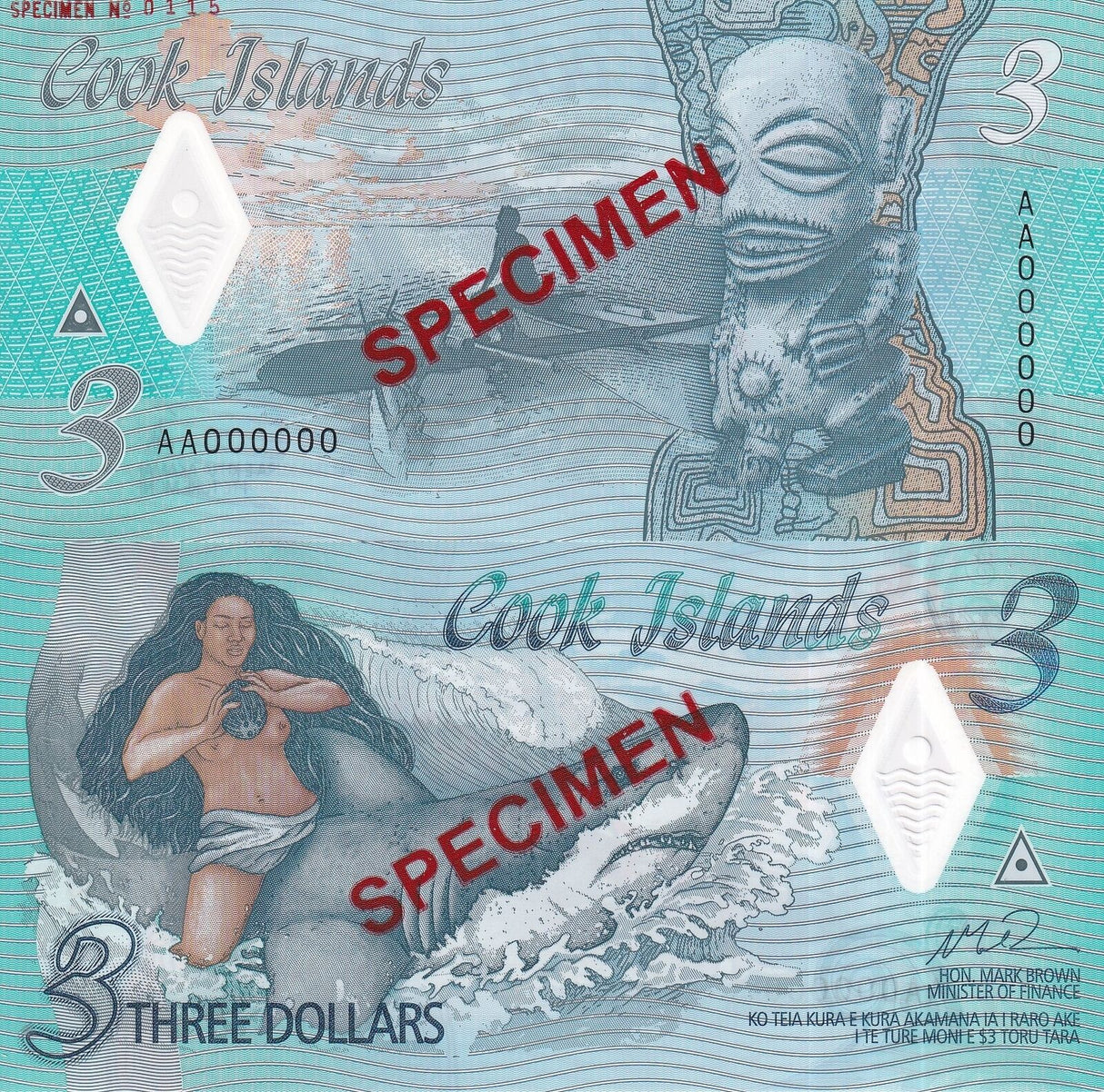 Cook Islands 3 Dollars ND 2021 P 11 Polymer Specimen UNC