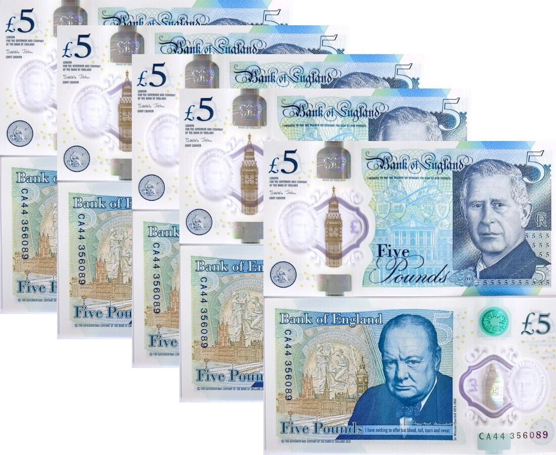 GREAT BRITAIN 5 Pounds 2023 2024 P 398 NEW King Charles III Polymer LOT 5 UNC