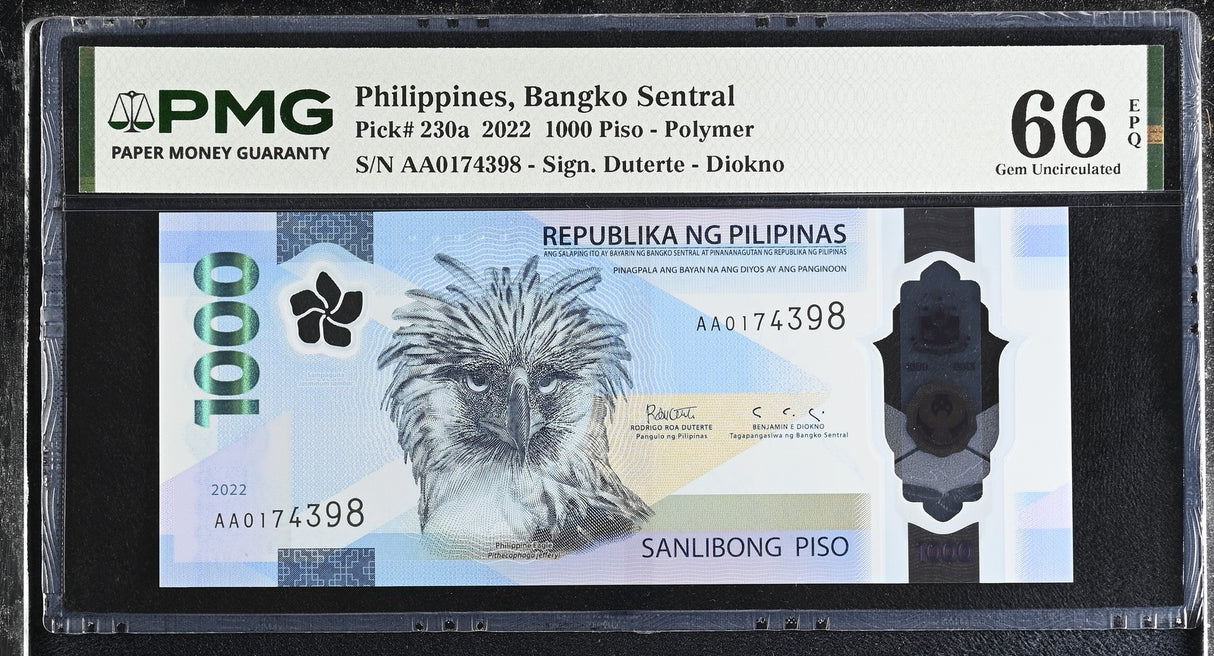 Philippines 1000 Piso 2022 P 230 a AA Prefix Gem UNC PMG 66 EPQ
