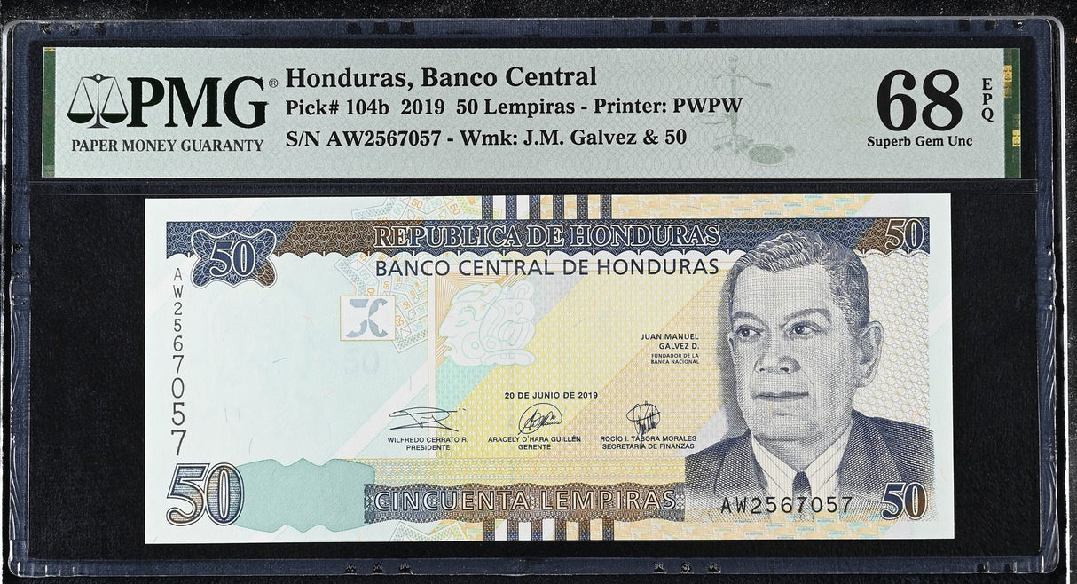Honduras 50 Lempiras 2019 P 104 b Superb Gem UNC PMG 68 EPQ TOP POP