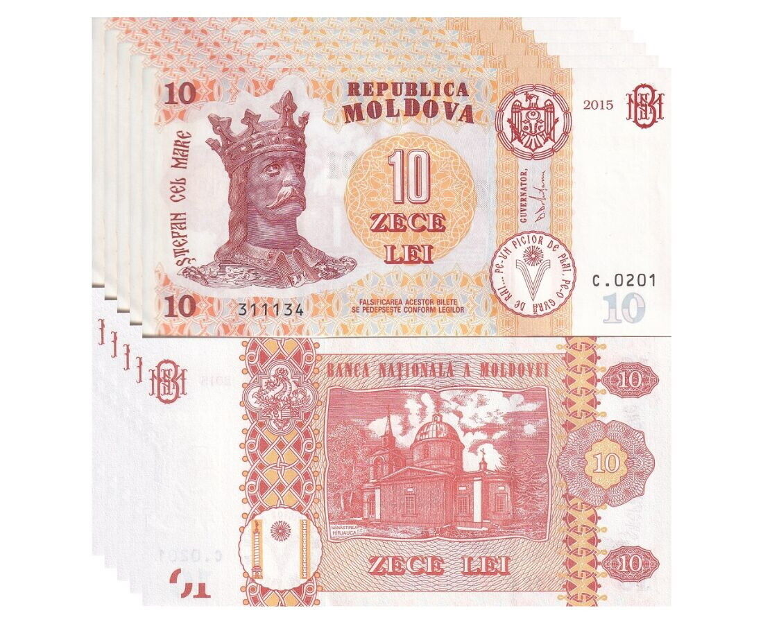 Moldova 10 Lei 2015 P 22 UNC LOT 5 PCS