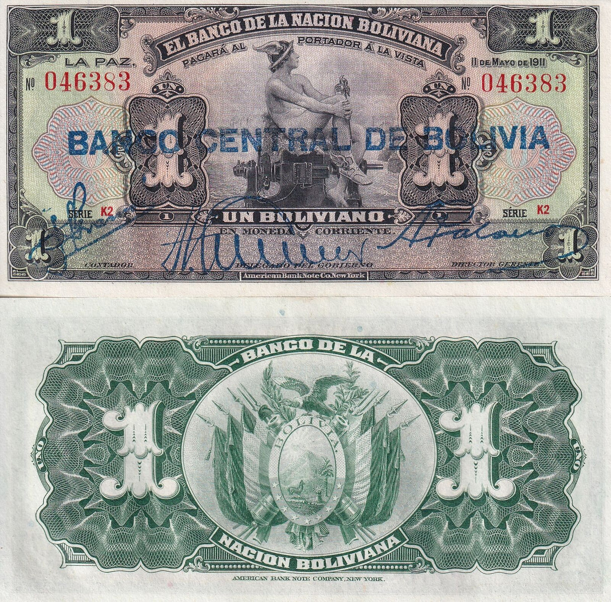 BOLIVIA 1 BOLIVIARES 1911/1929 Blue Overprint P 112 UNC
