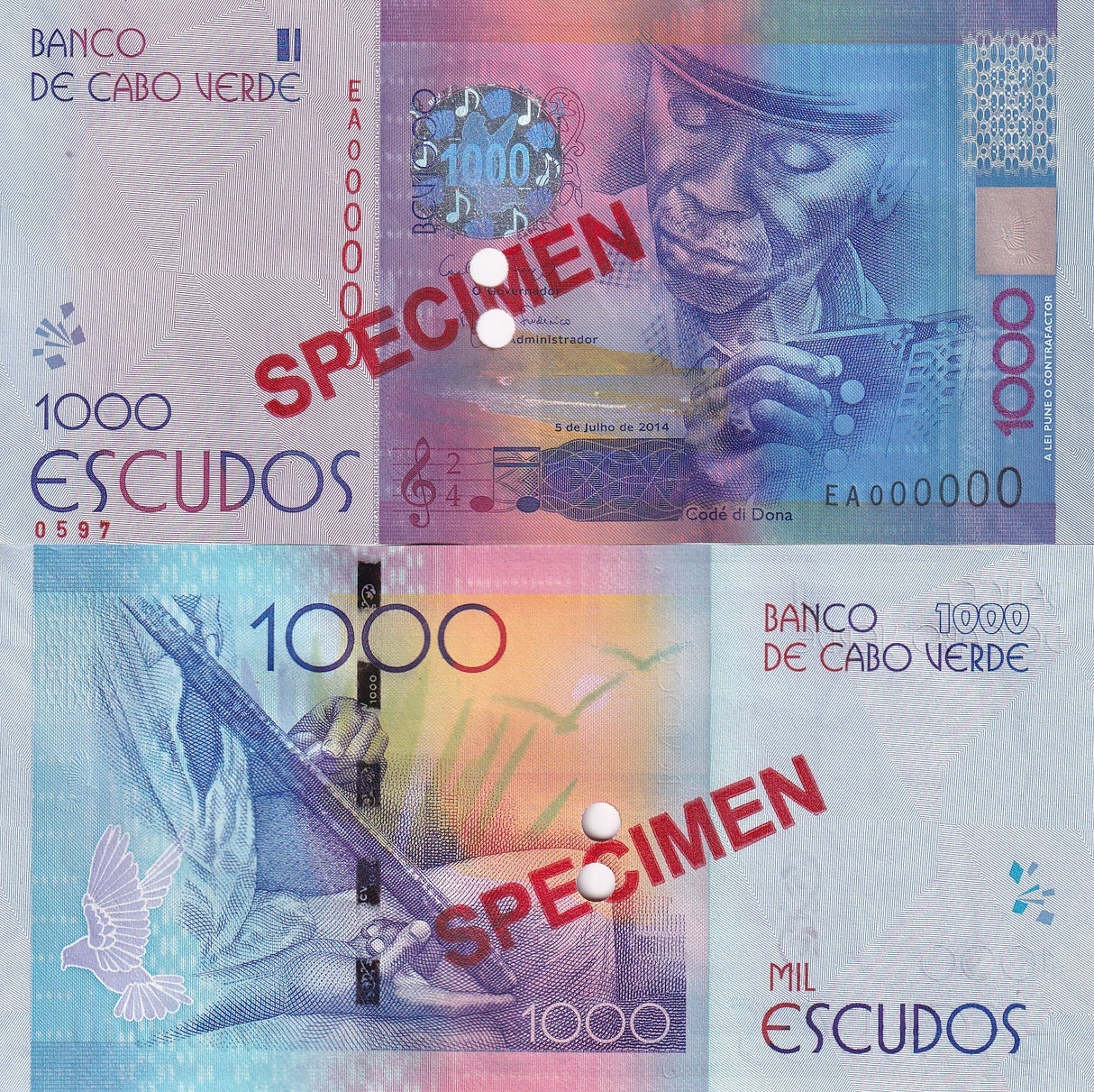 Cape Verde 1000 Escudos 2014 P 73 Specimen UNC ,Musician holding a Ferrinho