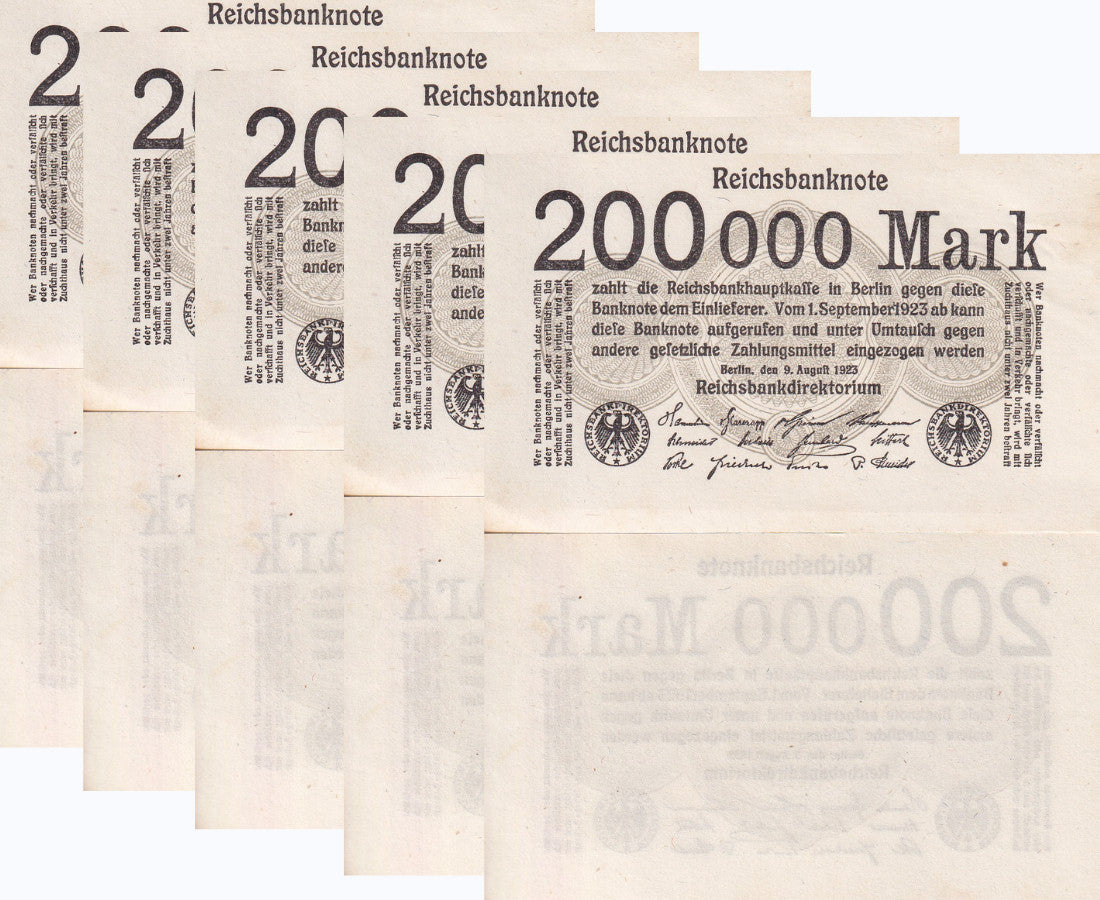 Germany Reichsbank 200000 Mark 1923 P 100 AUnc LOT 5 PCS
