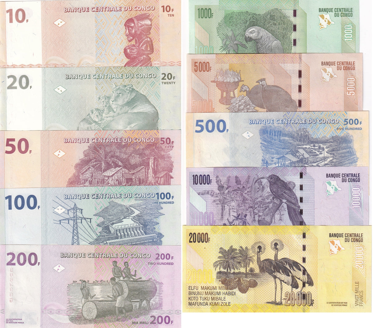 Congo Set 10 Unc 10 20 50 100 200 - 10000 20000 FRANCS Random Year P 93 - 104d