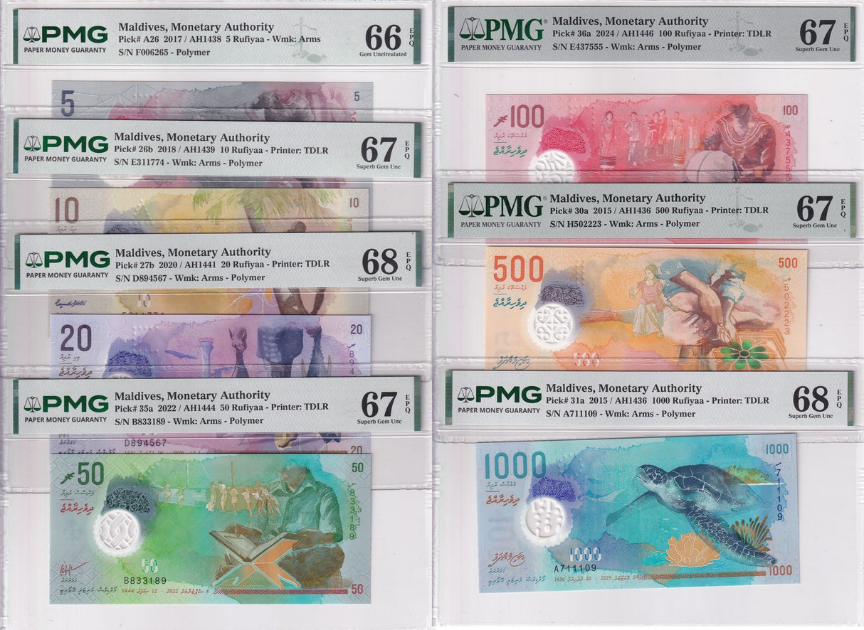 Maldives set 7; 5 -1000 Rufiyaa 2015-2022 P A26- 31 Gem UNC PMG 66 67 68 EPQ