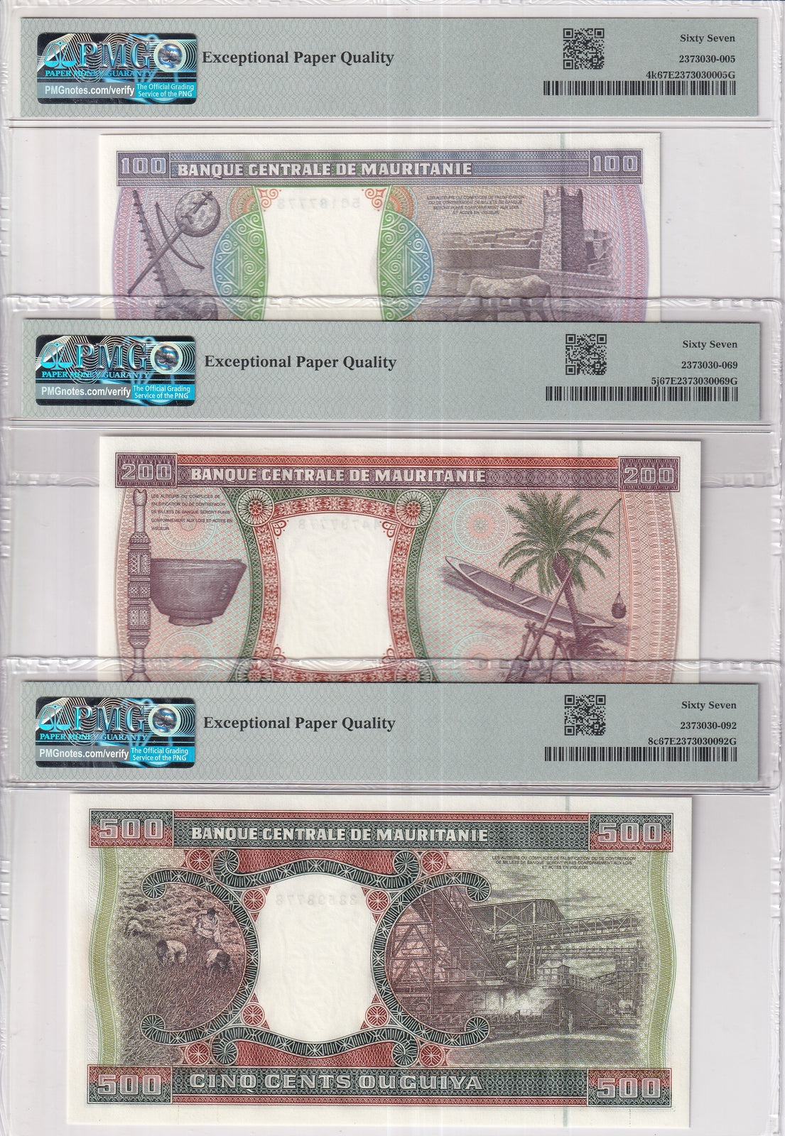 Mauritania Set 3; 100 200 500 Ouguiya 2002 P 4 5 8 Superb Gem UNC PMG 67 EPQ