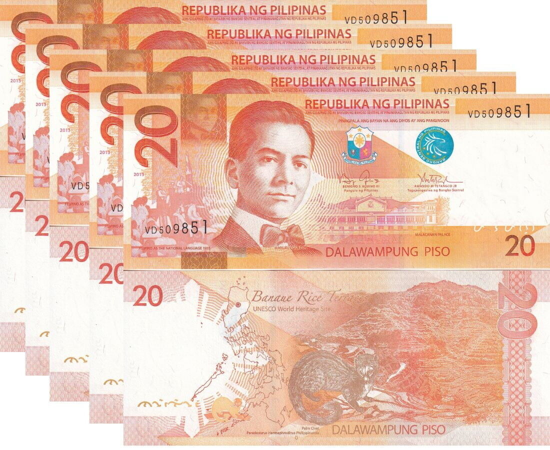 Philippines 20 Piso 2013 P 206 UNC LOT 5 PCS