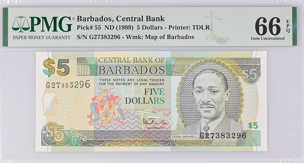 Barbados 5 Dollars ND 1999 P 55 Gem UNC PMG 66 EPQ