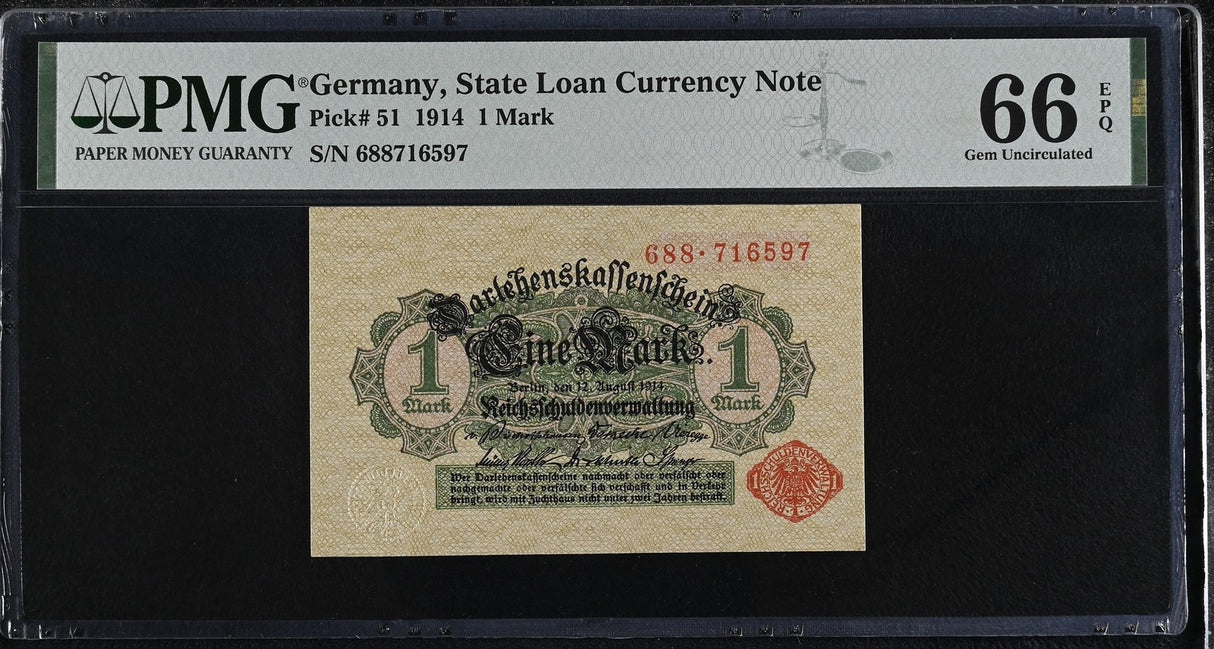 Germany 1 Mark 1914 P 51 Gem UNC PMG 66 EPQ