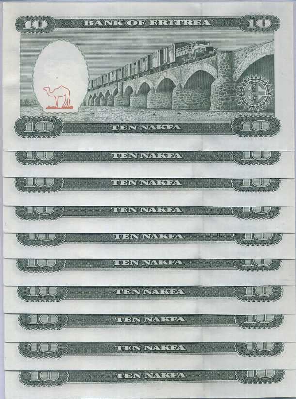 Eritrea 10 Nakfa 1997 P 3 UNC Lot 10 Pcs 1/10 Bundle
