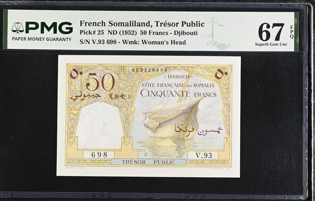 French Somaliland 50 Francs ND 1952 P 25 Superb Gem UNC PMG 67 EPQ