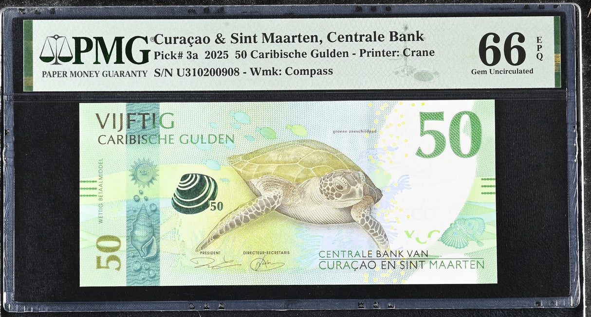 CURACAO & SINT MAARTEN 50 Gulden 2025 P 3 a Gem UNC PMG 66 EPQ