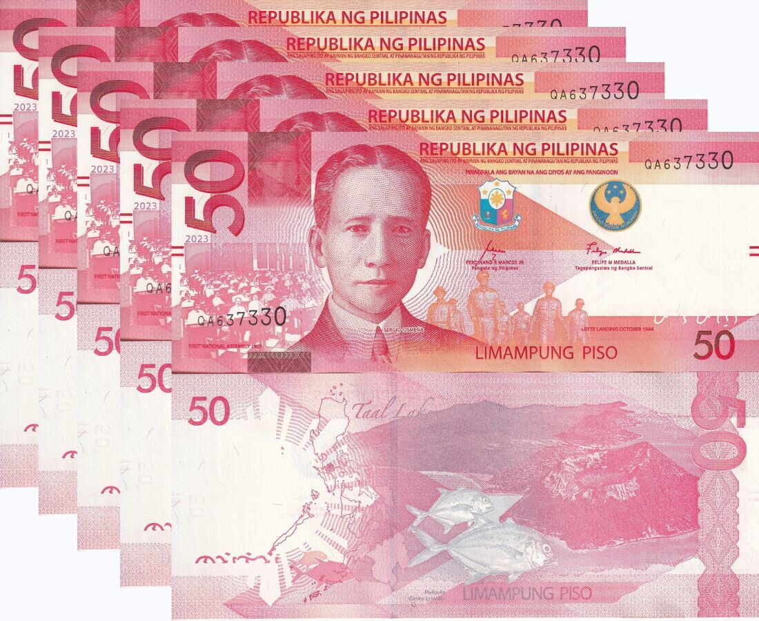 Philippines 50 PISO 2023 P 231A With Blind Mark UNC LOT 5 PCS