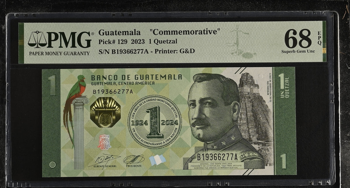 Guatemala 1 Quetzal 2023 P 129 Commemorative 100th Superb Gem UNC PMG 68 EPQ