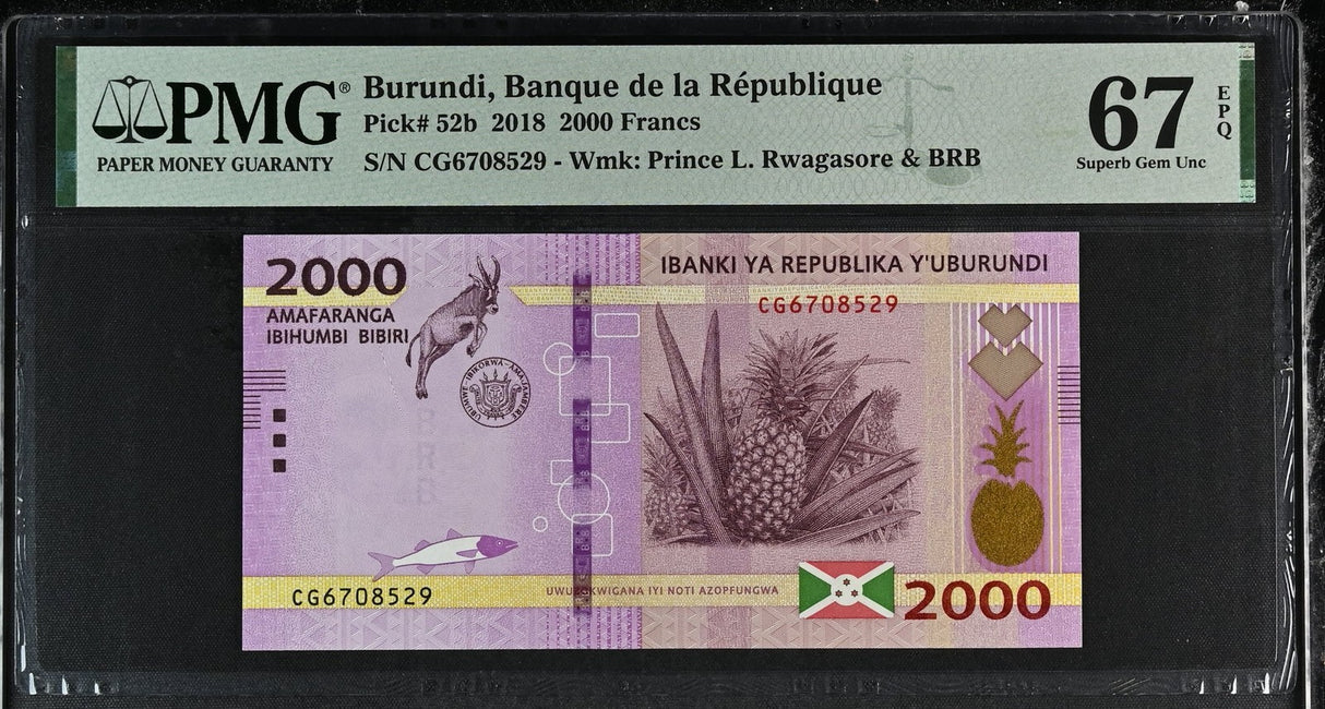 Burundi 2000 Francs 2018 P 52 b Superb Gem UNC PMG 67 EPQ