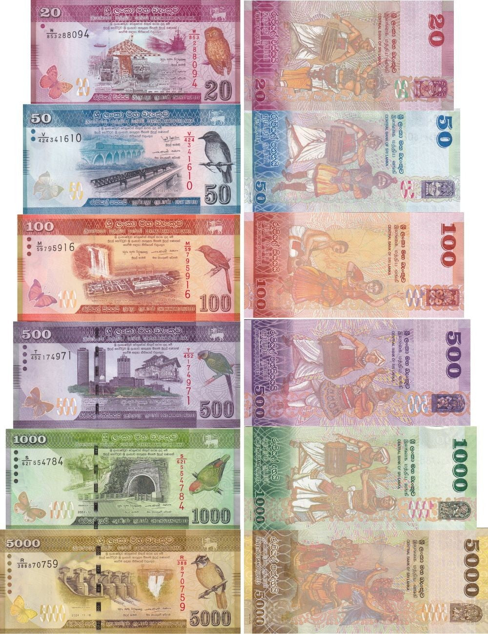 Sri Lanka Set 6 UNC 20 50 100 500 1000 5000 Rupees 2022-2024 issue 2026
