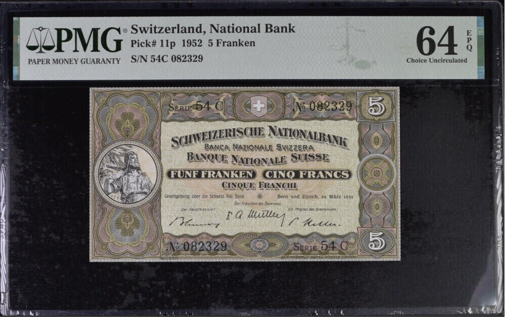 Switzerland 5 Franken 1952 P 11 p Choice UNC PMG 64 EPQ